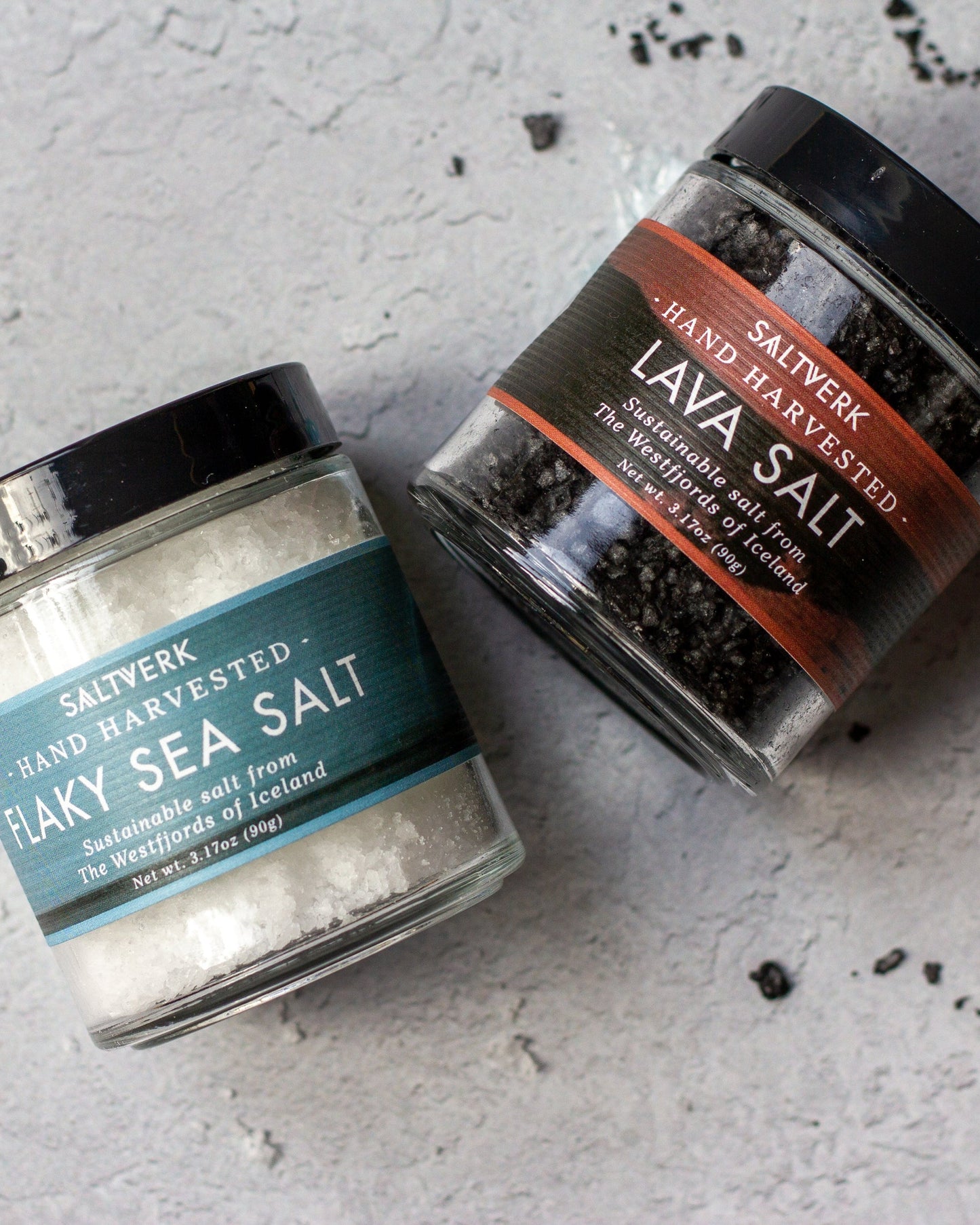 Saltverk Flaky Sea Salt and Lava Salt jars from the Two Pack Gift Box