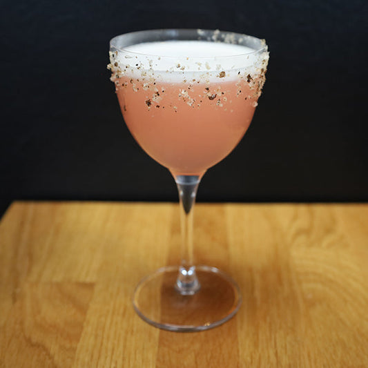 Rhubarb margarita made with Saltverk Licorice Salt
