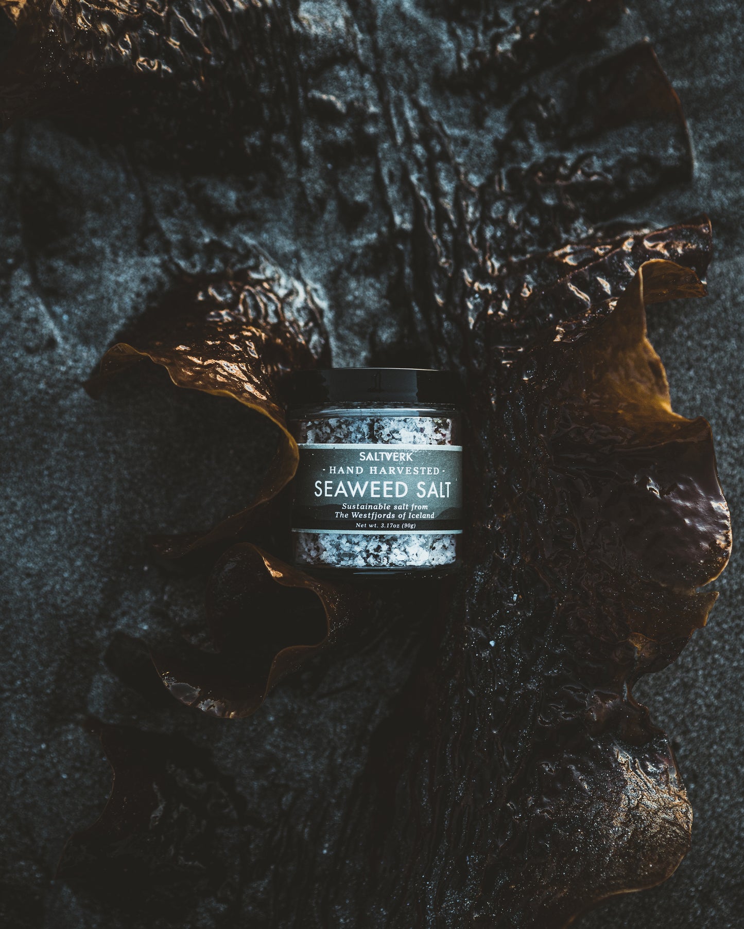 Jar of seaweed salt on a dark, textured surface