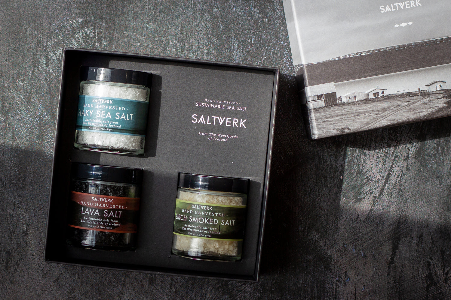 Saltverk Luxury Gift Box of salt jars on a dark surface