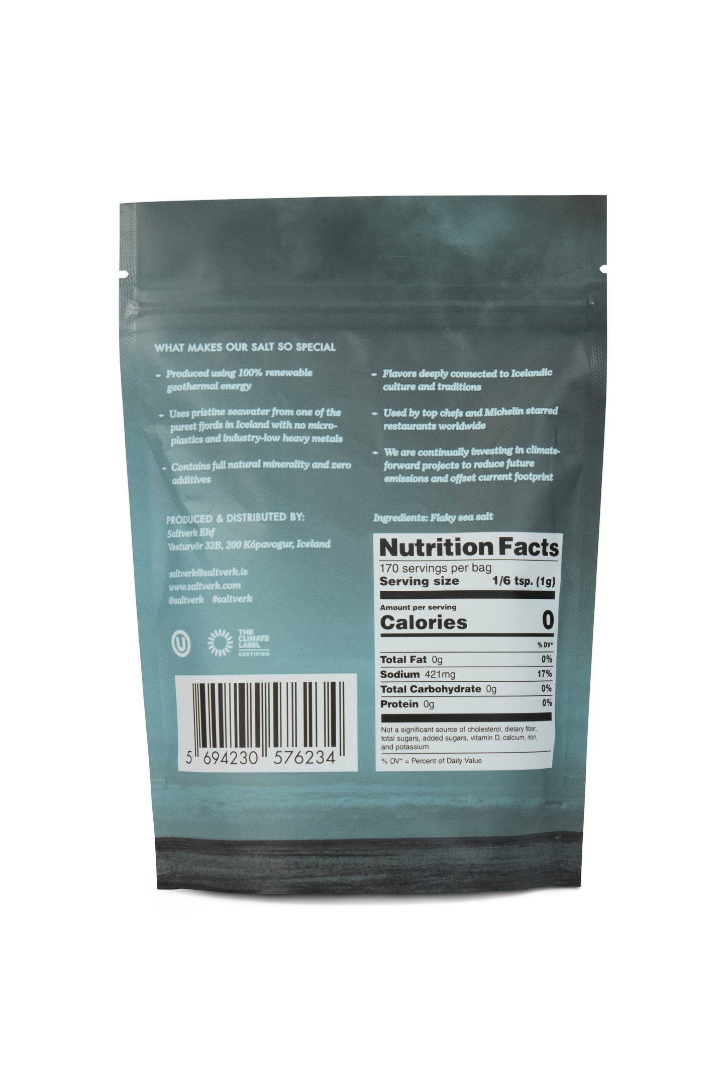 Saltverk Flaky Sea Salt 6oz pouch, back label