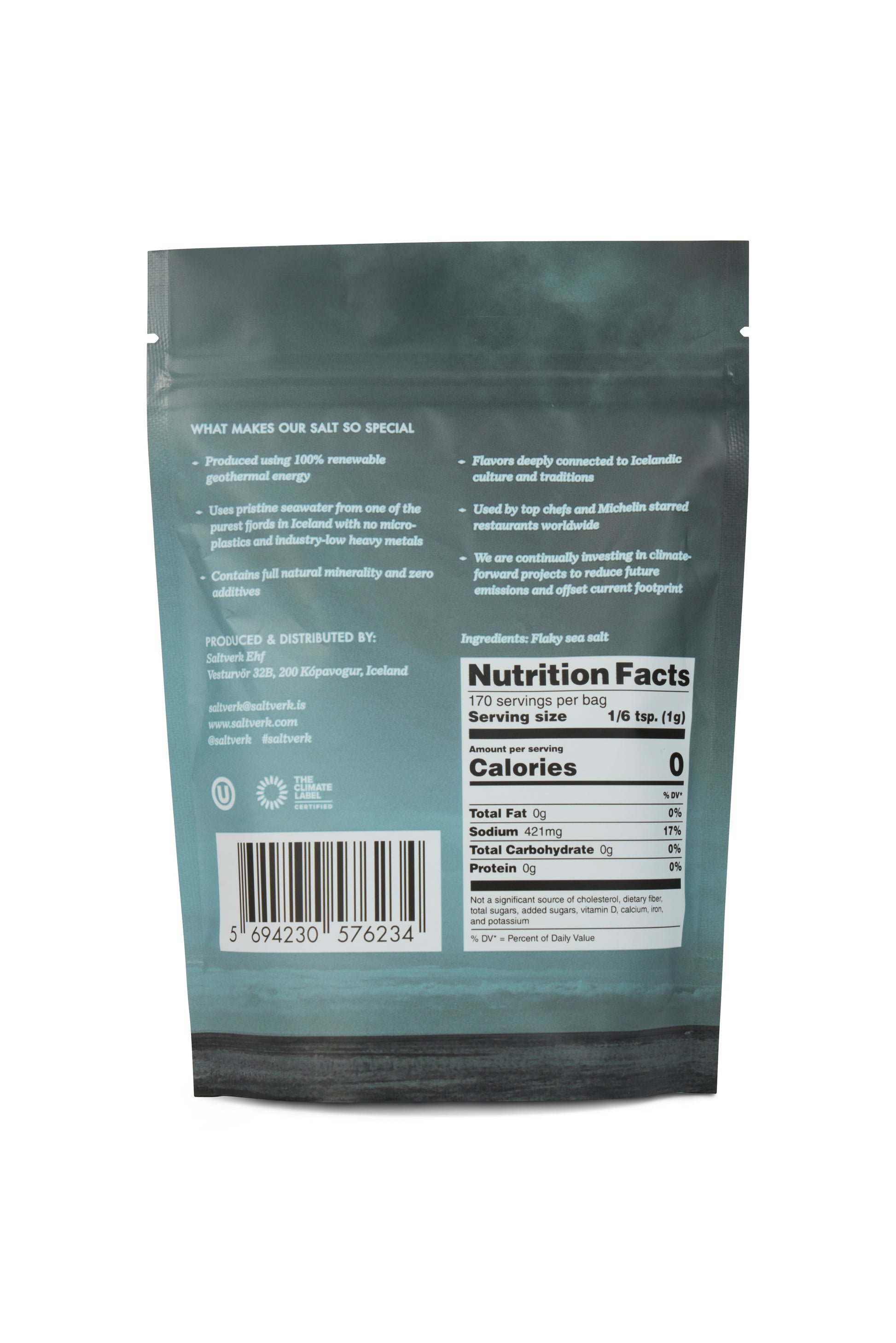 Saltverk Flaky Sea Salt 6oz pouch, back label