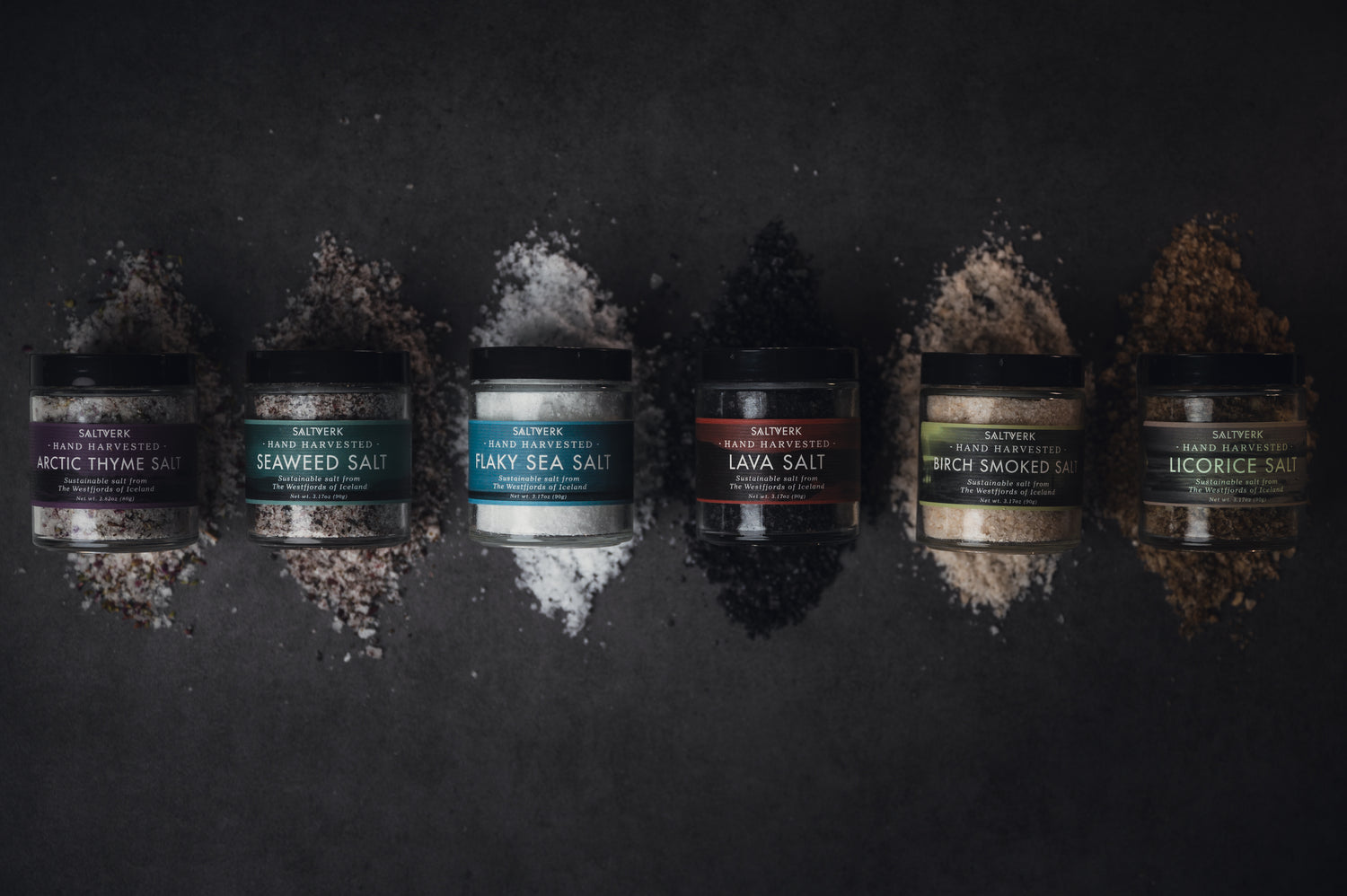 All six Saltverk sea salts in their jars