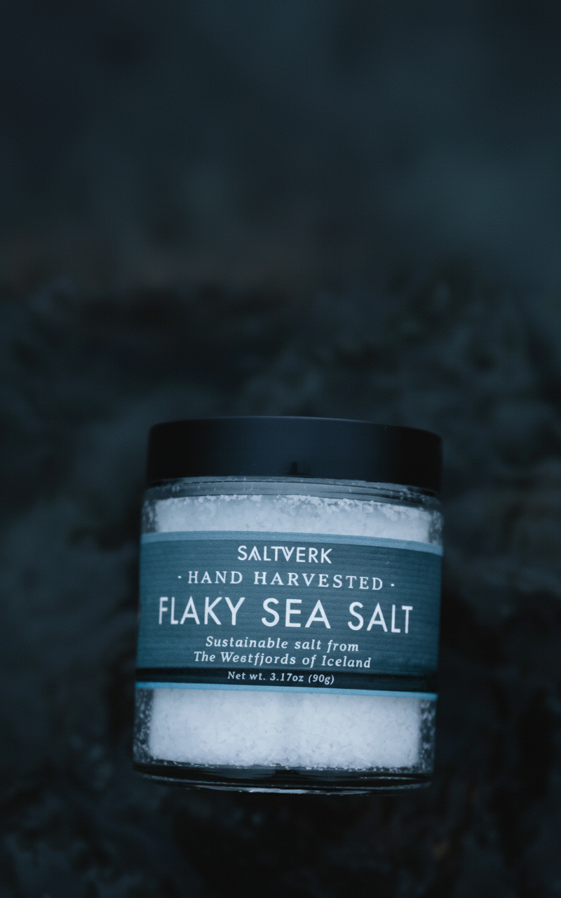 Jar of flaky sea salt with a blue label on a dark background